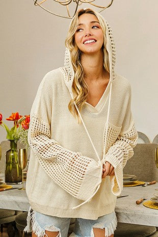 OPEN KNIT PATCH POCKET SWEATER HOODIE