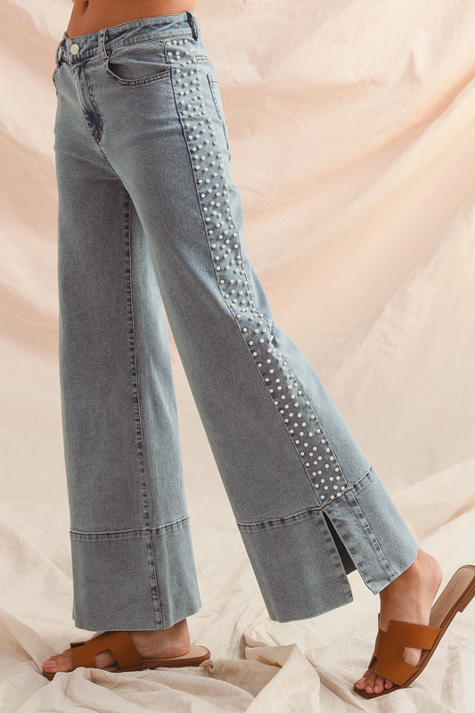 Mid Rise Denim Jeans With Side Pearl Embellishment