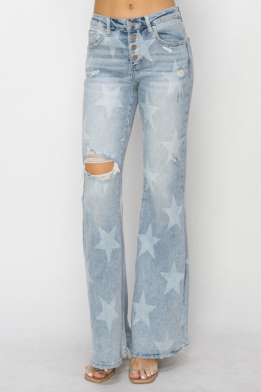Mid Rise Jeans W/ Star Print by Risen