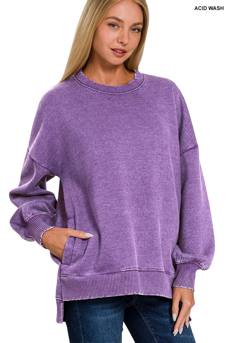 `Fleece Hi-low Sweatshirt With Pockets (Solid/Washed)
