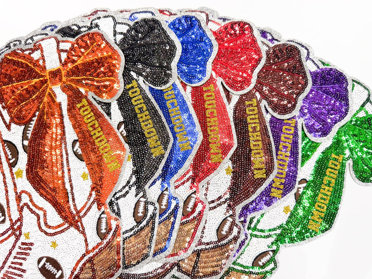 Football Touchdown Star Orange Bow Boot Sequin Patch - Large