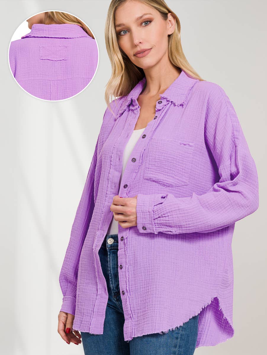 `Oversized Raw Edge Shirt W/ Back Patch Zenana