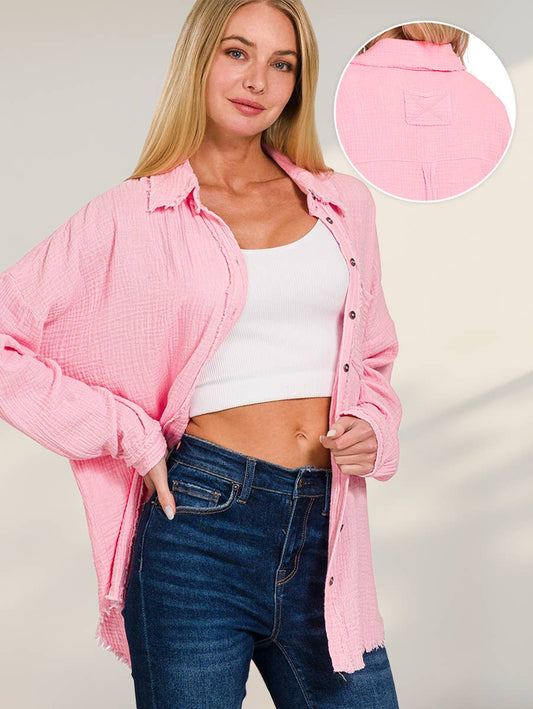 `Oversized Raw Edge Shirt W/ Back Patch Zenana