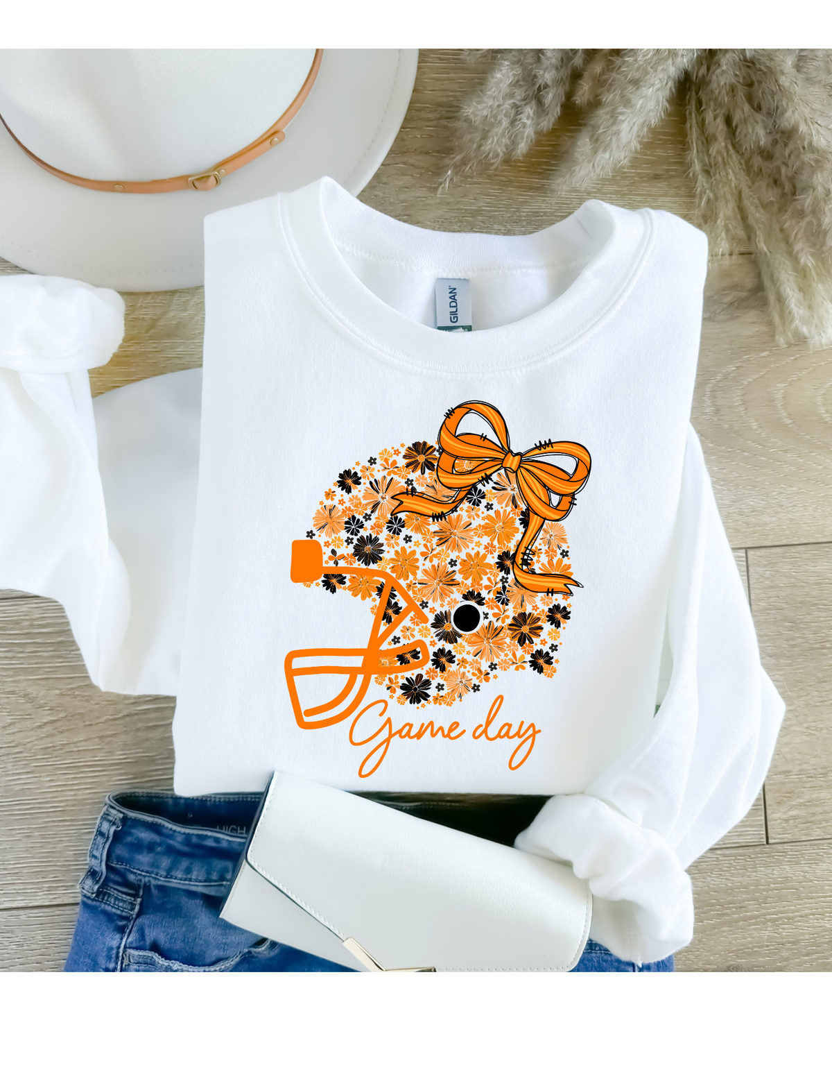Game day orange coquette helmet graphic sweatshirt