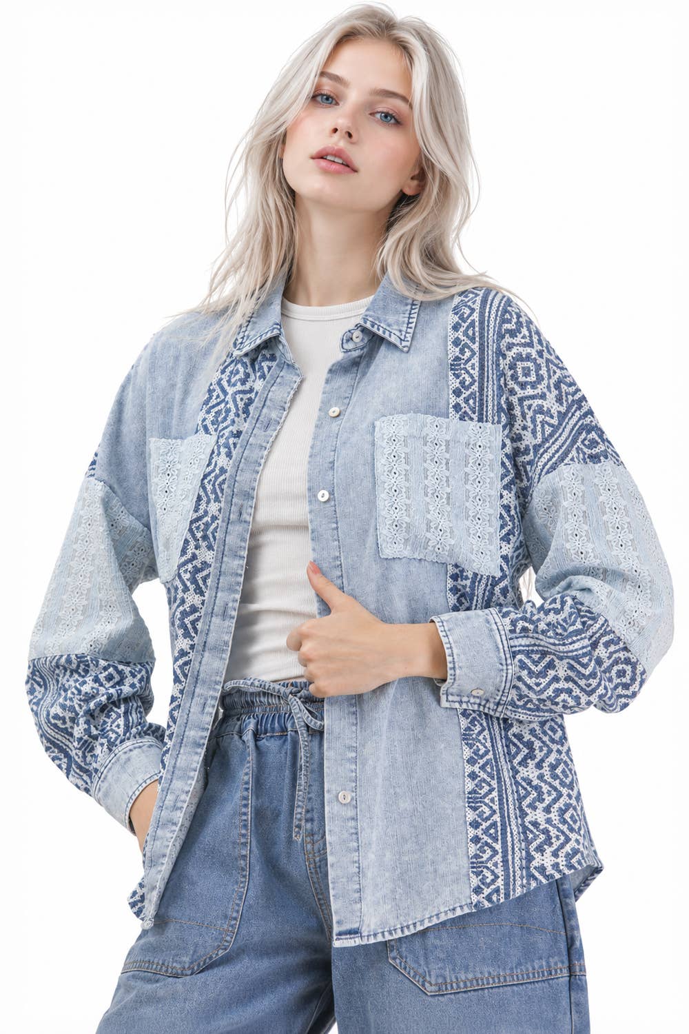 NT12456-Oversized Washed Denim Shirt Top W/ Cont Fabric