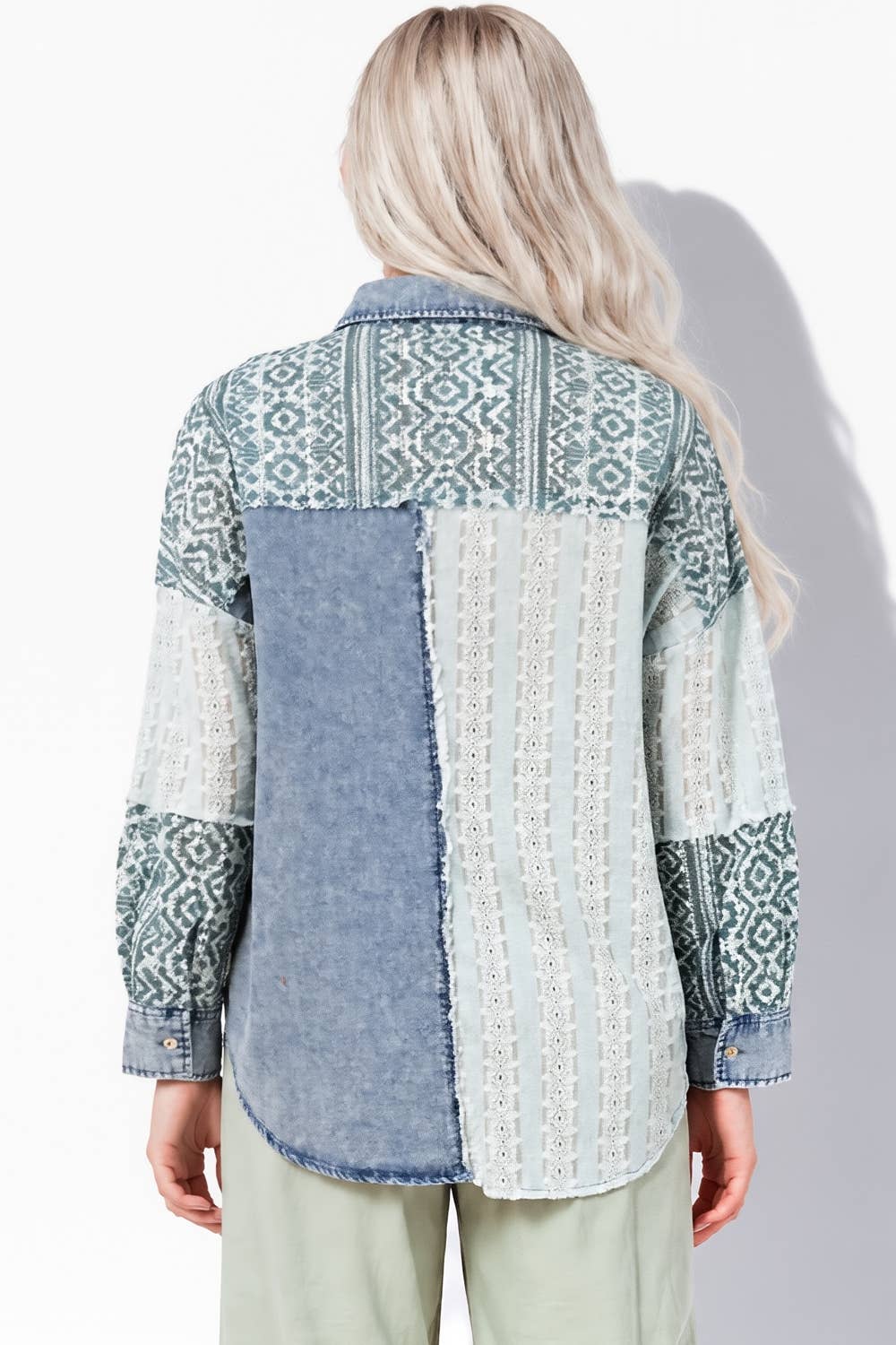 NT12456-Oversized Washed Denim Shirt Top W/ Cont Fabric