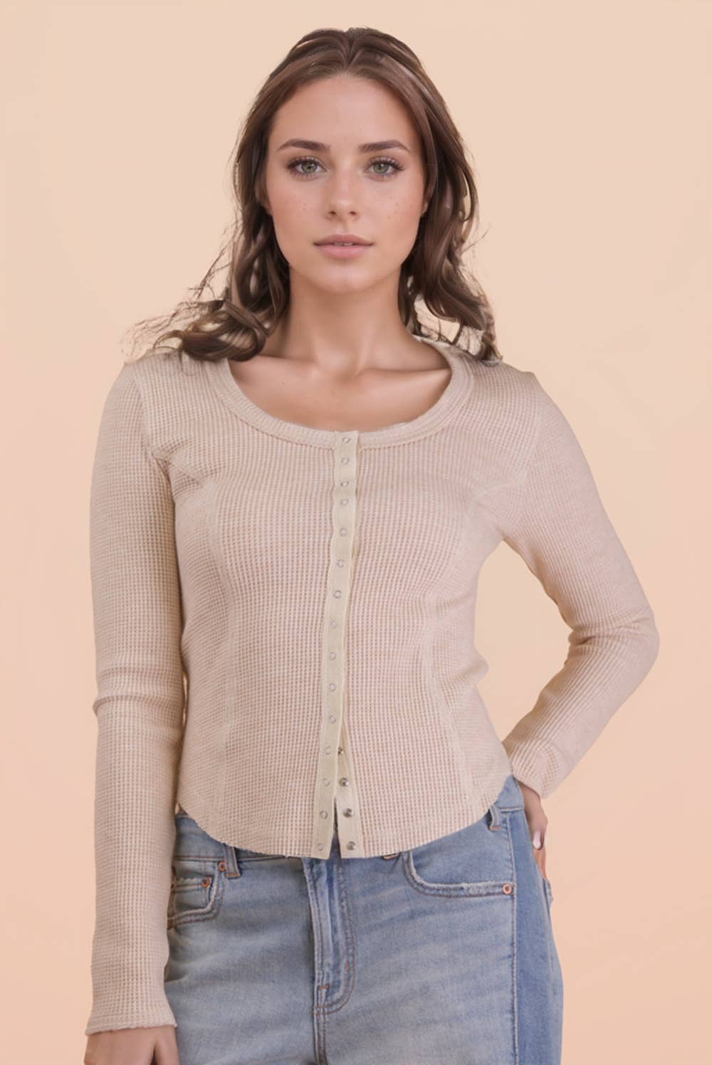 NT12243-Button Down Fitted Knit Casual Top