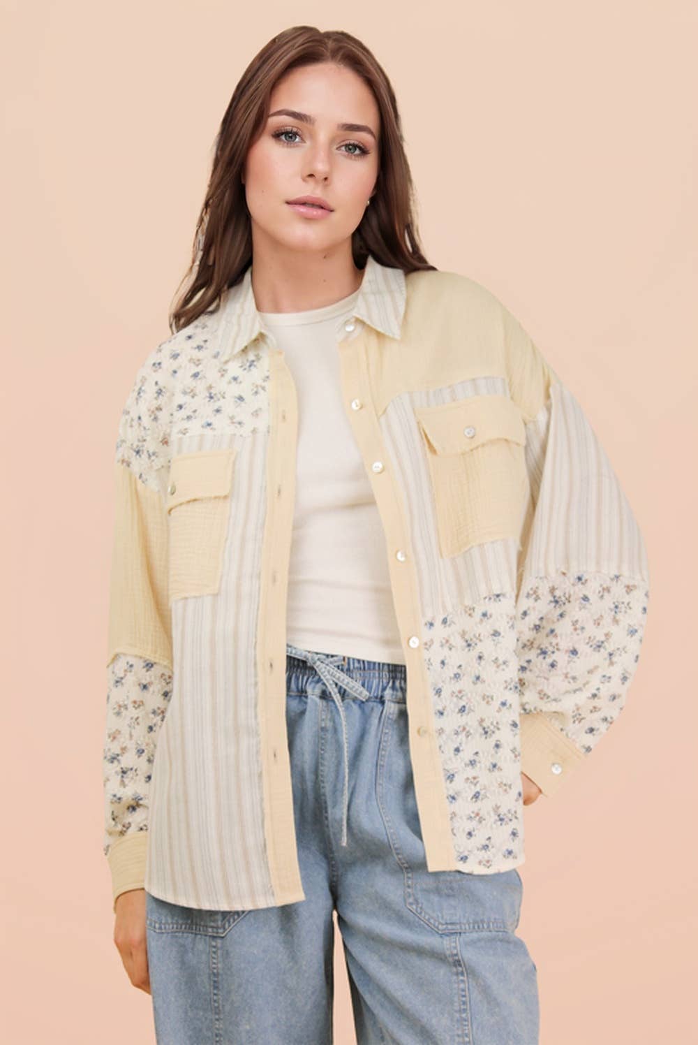 NT12471-Floral & Stripe Oversized Shacket Jacket