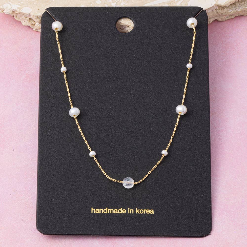 Pearl Station Chain Necklace With Stone Bead