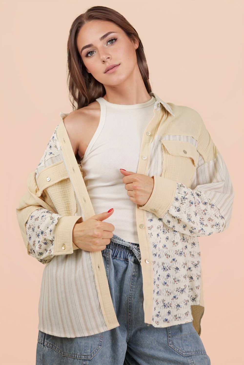 NT12471-Floral & Stripe Oversized Shacket Jacket