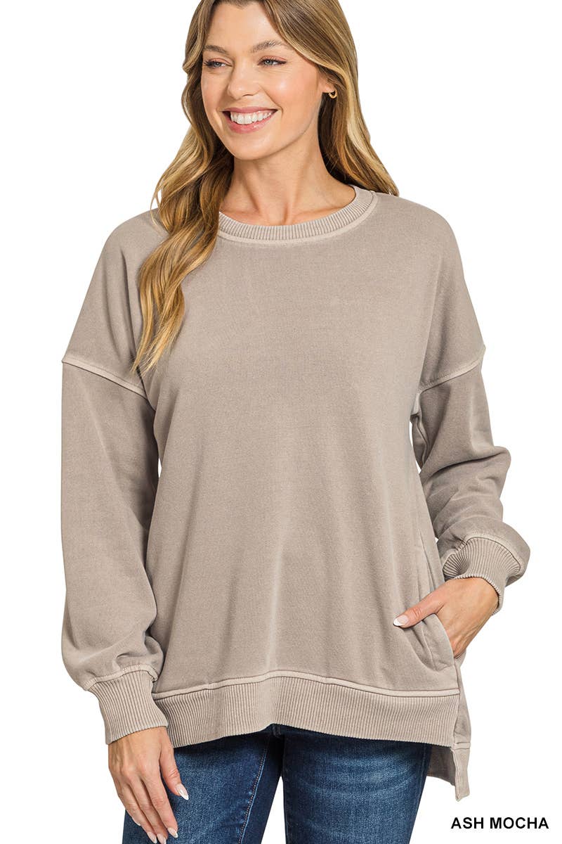 `Fleece Hi-low Sweatshirt With Pockets (Solid/Washed)