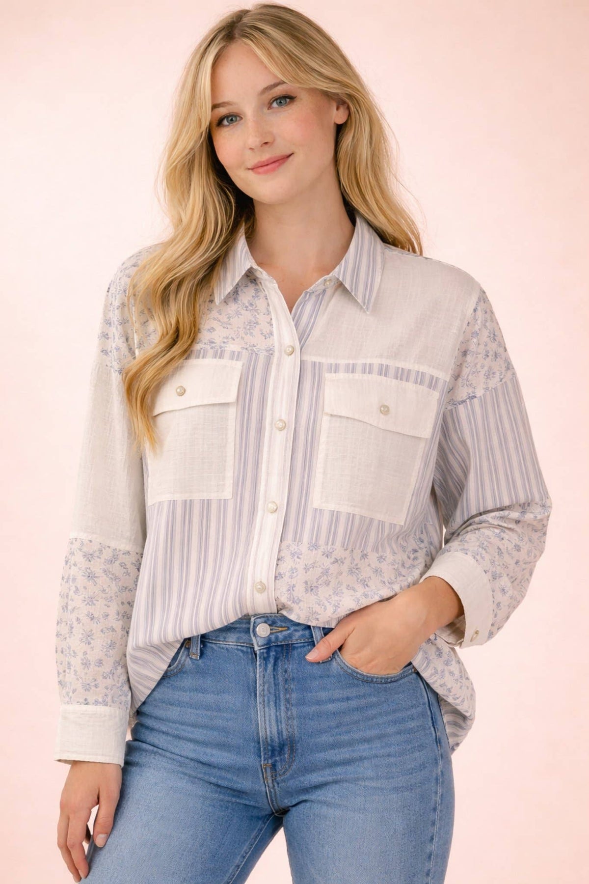 NT12471-Floral & Stripe Oversized Shacket Jacket