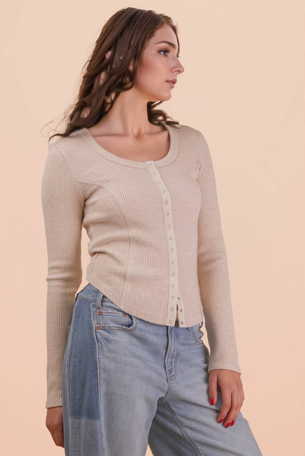 NT12243-Button Down Fitted Knit Casual Top