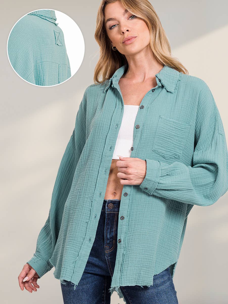 `Oversized Raw Edge Shirt W/ Back Patch Zenana