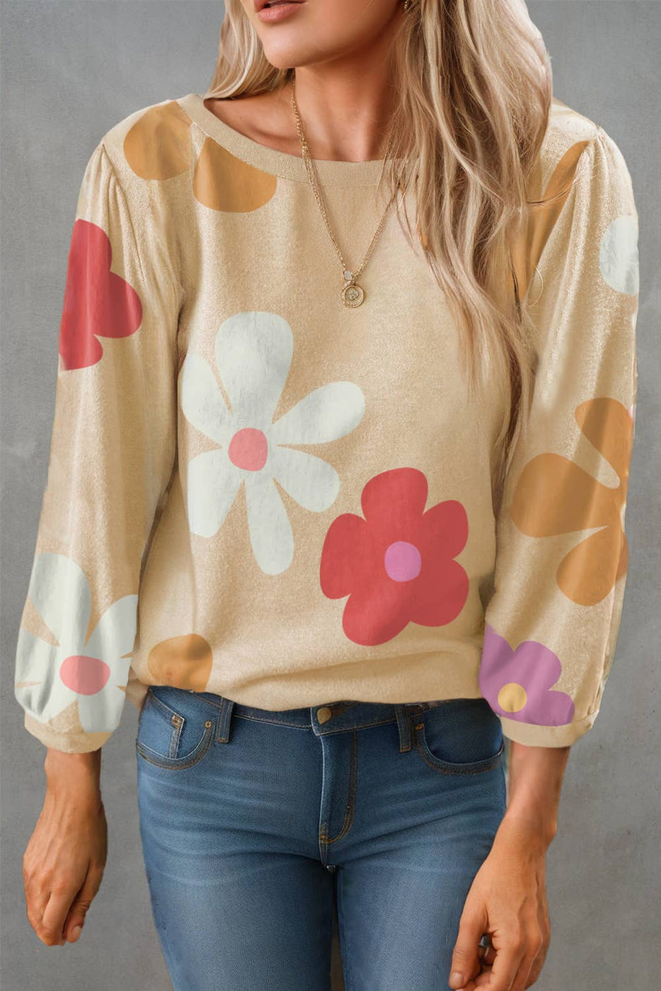 Woven Cute Flower Print Bracelet Sleeve Top
