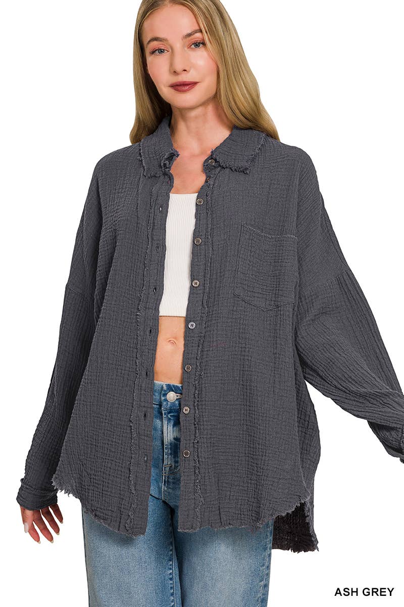 `Oversized Raw Edge Shirt W/ Back Patch Zenana