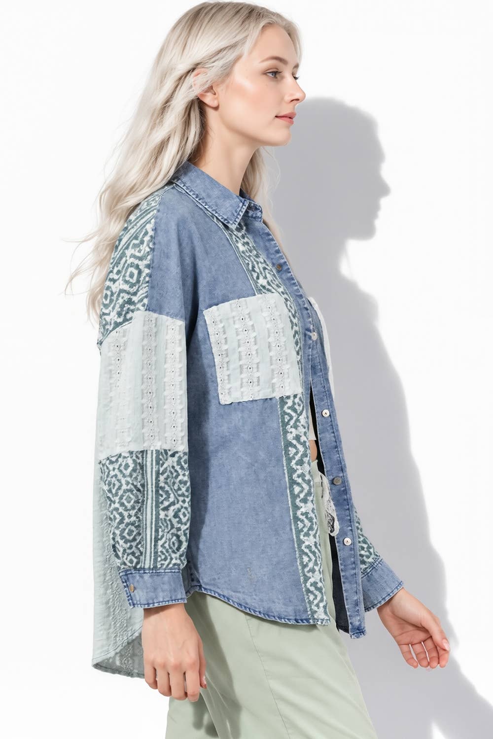 NT12456-Oversized Washed Denim Shirt Top W/ Cont Fabric