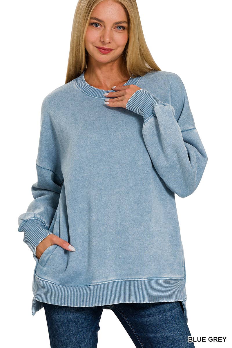 `Fleece Hi-low Sweatshirt With Pockets (Solid/Washed)