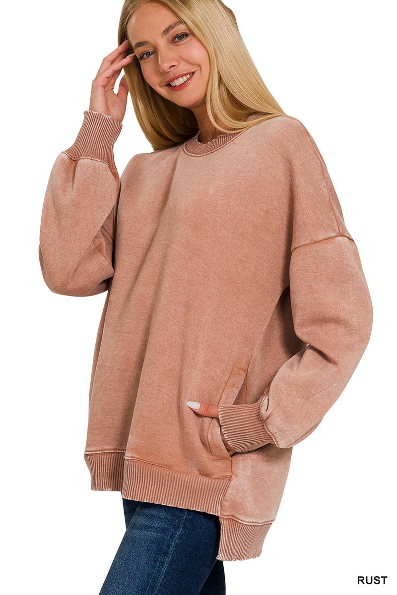 `Fleece Hi-low Sweatshirt With Pockets (Solid/Washed)
