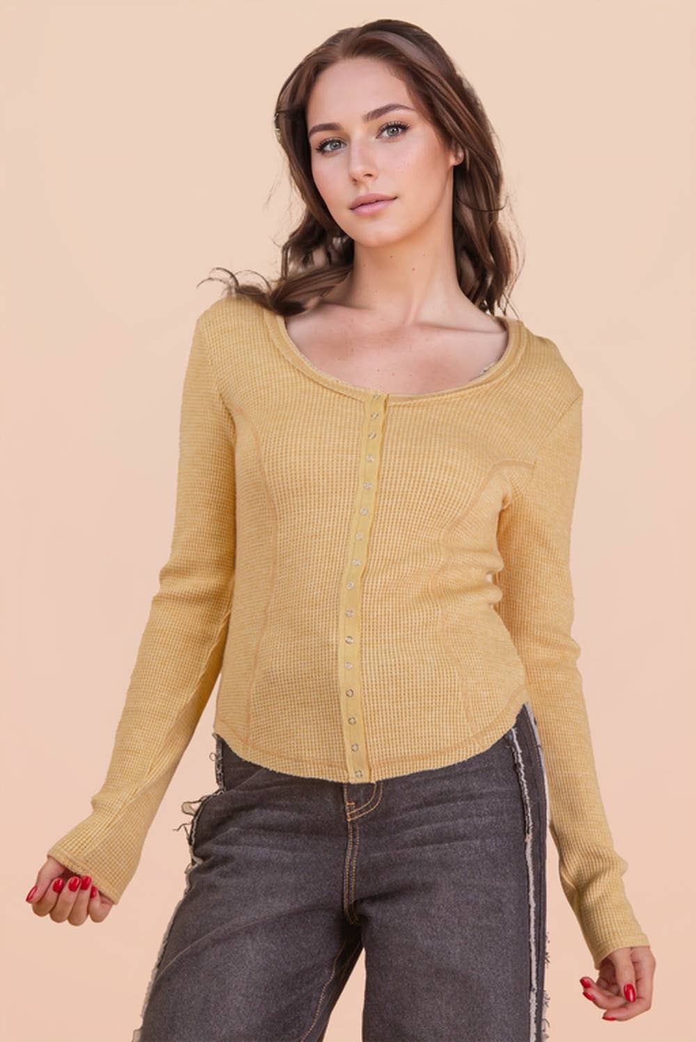 NT12243-Button Down Fitted Knit Casual Top