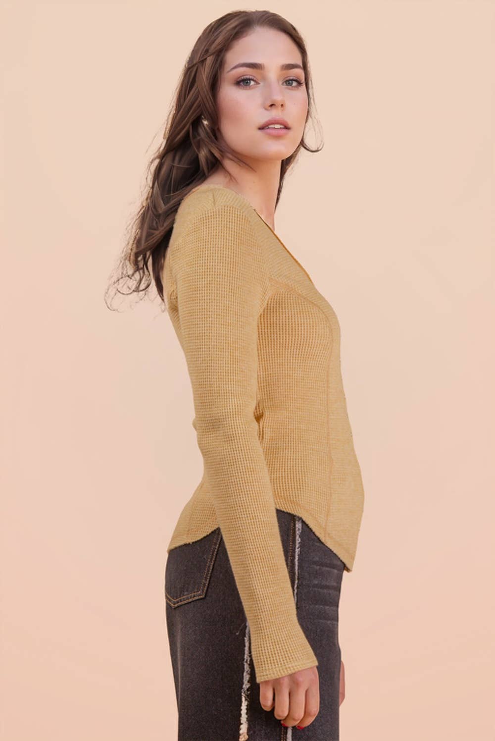 NT12243-Button Down Fitted Knit Casual Top
