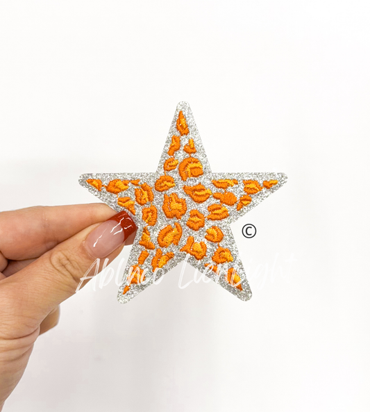 Orange Cheetah Print Glitter Star Iron On Patch