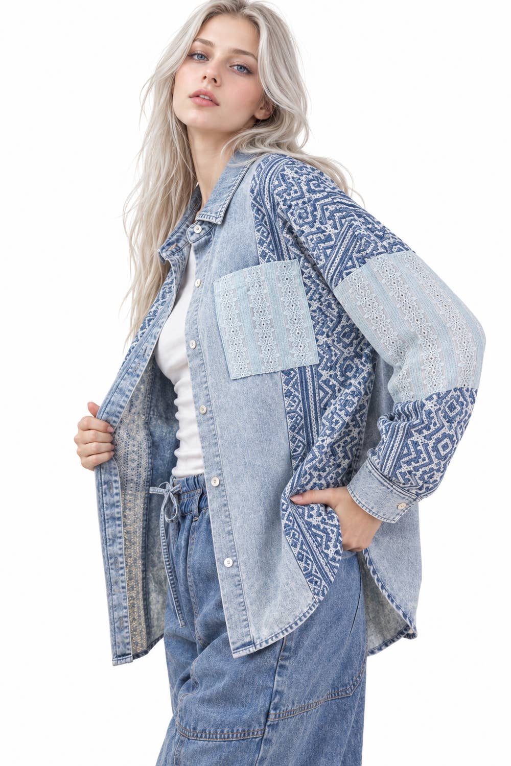 NT12456-Oversized Washed Denim Shirt Top W/ Cont Fabric