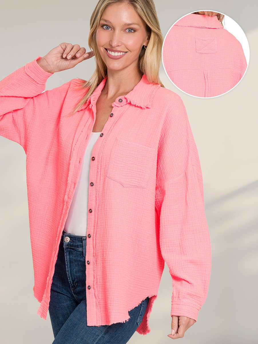 `Oversized Raw Edge Shirt W/ Back Patch Zenana