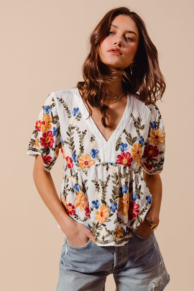 Floral Embroidered Baby Doll Blouse