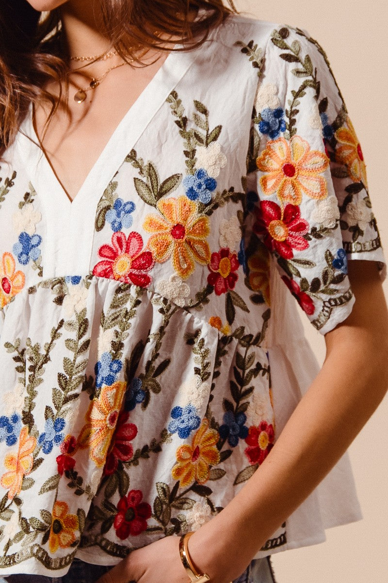 Floral Embroidered Baby Doll Blouse